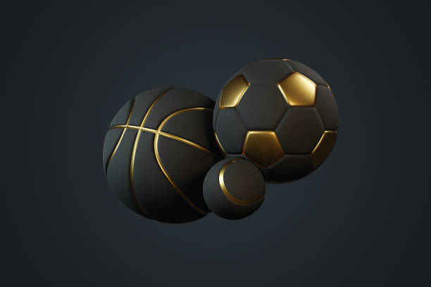 Basketball, soccer ball and tennis ball on a dark background. 3d rendering illustration